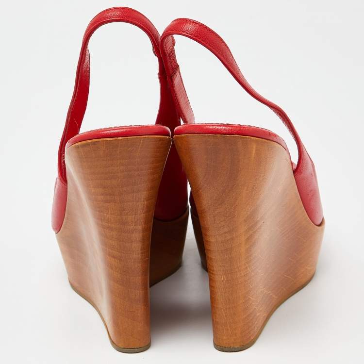 Pre Owned Sergio Rossi Red Leather Platform Wedge Slingback Sandals Size 37.5