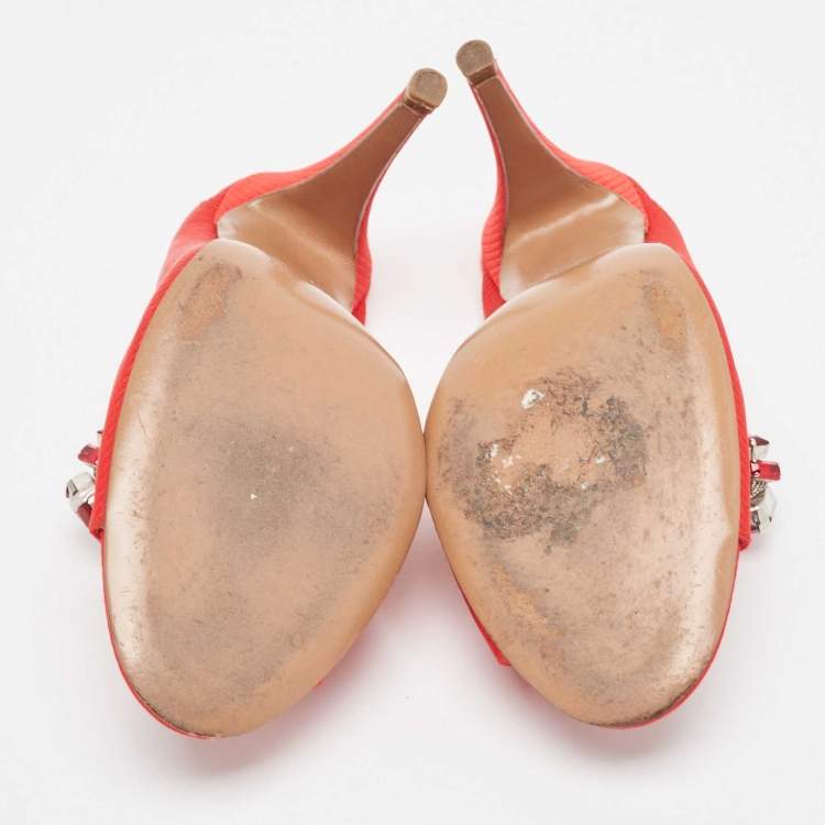 مملوكة مسبقًا Sergio Rossi Red Fabric Crystal Embellished Slide Sandals Size 38