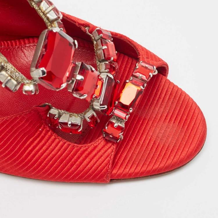 مملوكة مسبقًا Sergio Rossi Red Fabric Crystal Embellished Slide Sandals Size 38