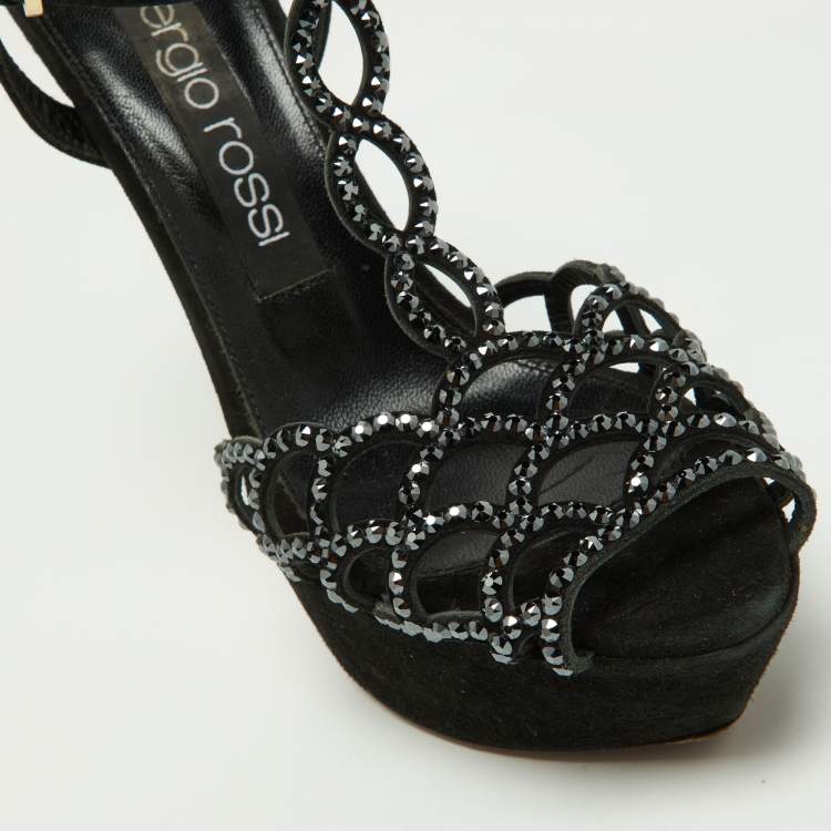 مملوكة مسبقًا Sergio Rossi Black Crystal Embellished Suede T-Bar Ankle Strap Platform Sandals Size 38