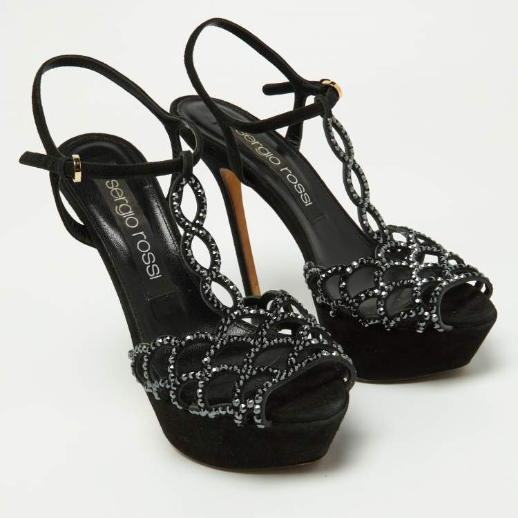 مملوكة مسبقًا Sergio Rossi Black Crystal Embellished Suede T-Bar Ankle Strap Platform Sandals Size 38