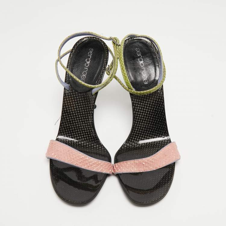 مملوكة مسبقًا Sergio Rossi Tricolor Snakeskin Ankle Wrap Sandals Size 35.5