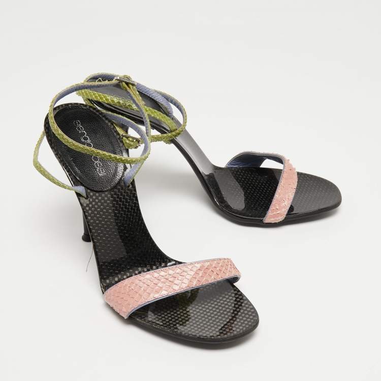 مملوكة مسبقًا Sergio Rossi Tricolor Snakeskin Ankle Wrap Sandals Size 35.5