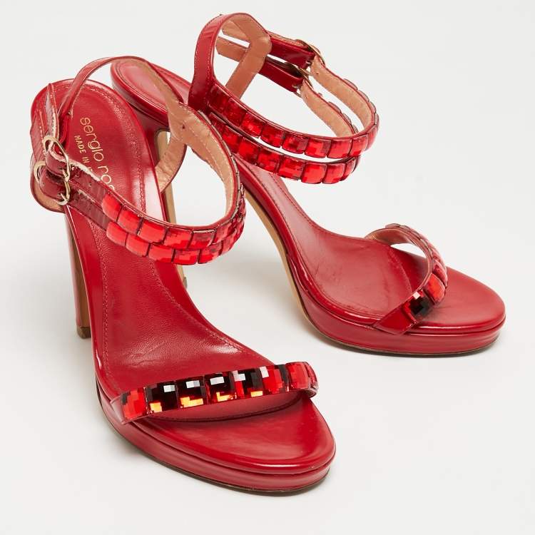 Pre Owned Sergio Rossi Red Leather Crystal Embellished Ankle Strap Sandals Size 37