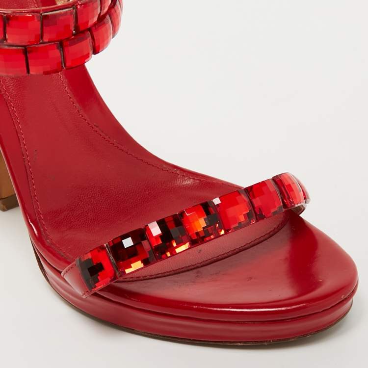 Pre Owned Sergio Rossi Red Leather Crystal Embellished Ankle Strap Sandals Size 37