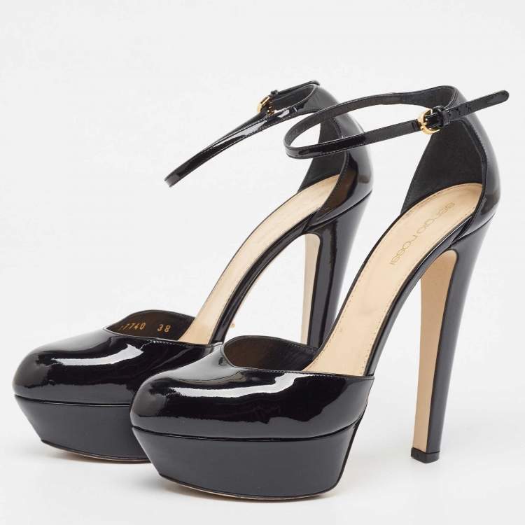 Pre Owned Sergio Rossi Black Patent Leather Platform Ankle Strap Pumps Size 38