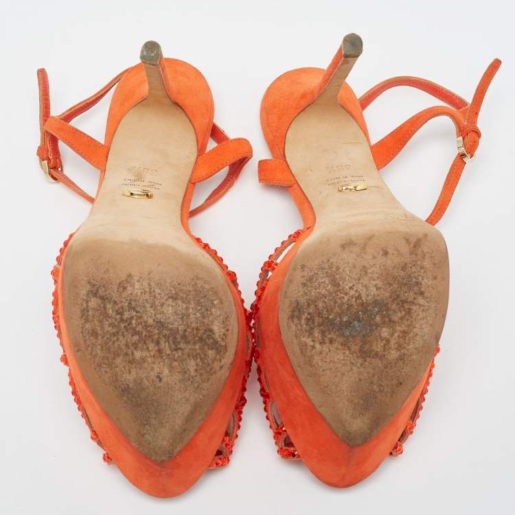 مملوكة مسبقًا Sergio Rossi Orange Suede and Crystal Embellished Strappy Scalloped Platform Sandals Size 38.5