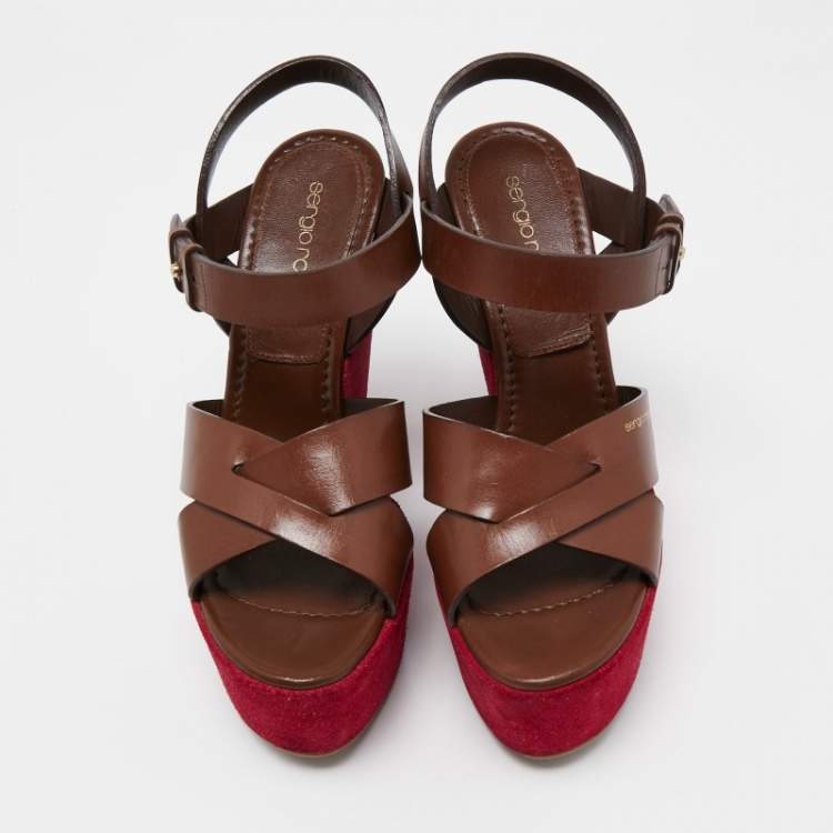مملوكة مسبقًا Sergio Rossi Pink/Brown Leather Wedge Platform Ankle Strap Sandals Size 37.5