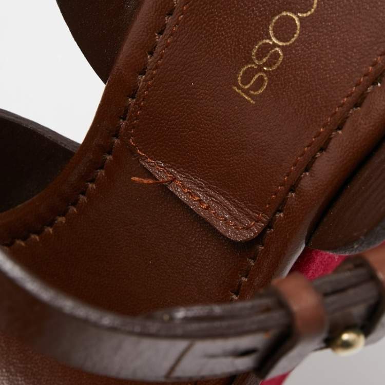 مملوكة مسبقًا Sergio Rossi Pink/Brown Leather Wedge Platform Ankle Strap Sandals Size 37.5