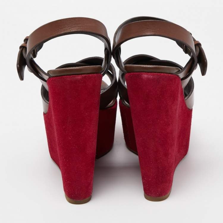 مملوكة مسبقًا Sergio Rossi Pink/Brown Leather Wedge Platform Ankle Strap Sandals Size 37.5