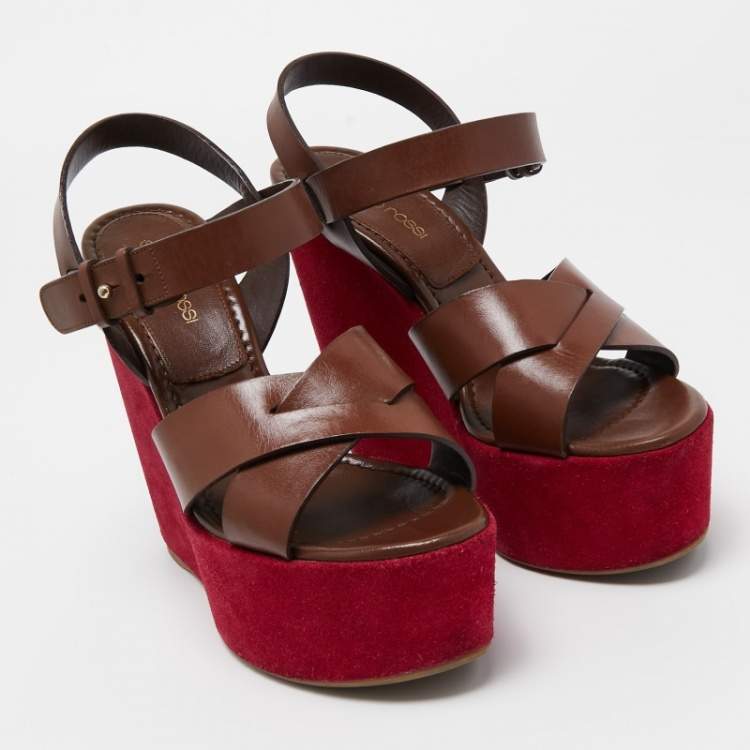 مملوكة مسبقًا Sergio Rossi Pink/Brown Leather Wedge Platform Ankle Strap Sandals Size 37.5