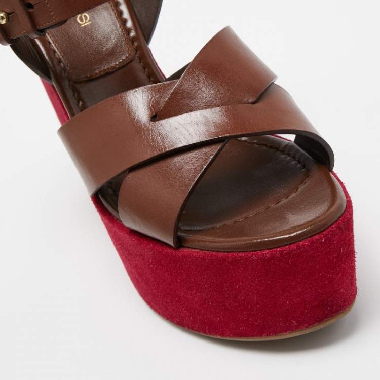 مملوكة مسبقًا Sergio Rossi Pink/Brown Leather Wedge Platform Ankle Strap Sandals Size 37.5