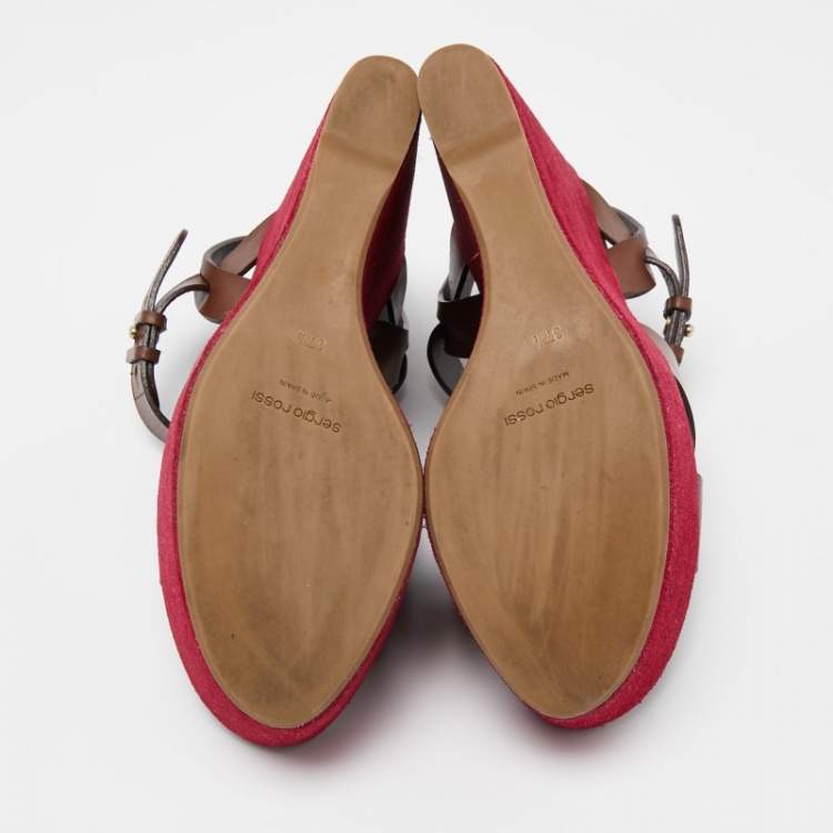 مملوكة مسبقًا Sergio Rossi Pink/Brown Leather Wedge Platform Ankle Strap Sandals Size 37.5