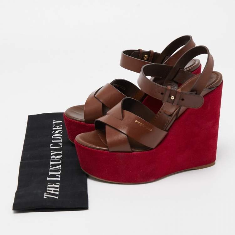 مملوكة مسبقًا Sergio Rossi Pink/Brown Leather Wedge Platform Ankle Strap Sandals Size 37.5