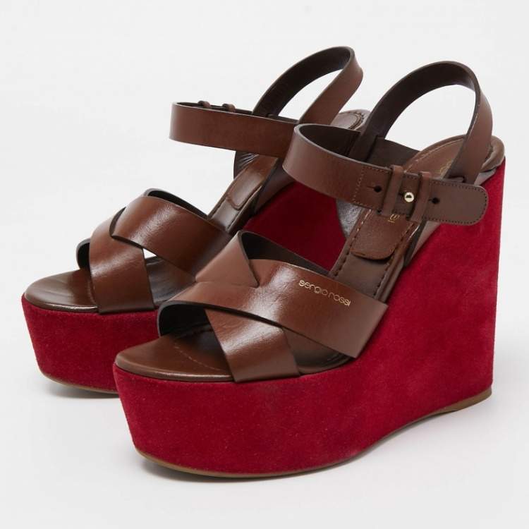 مملوكة مسبقًا Sergio Rossi Pink/Brown Leather Wedge Platform Ankle Strap Sandals Size 37.5