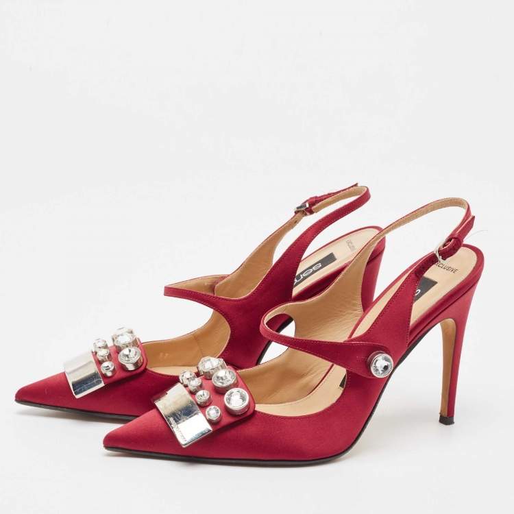 مملوكة مسبقًا Sergio Rossi Burgundy Satin Crystal Embellished Slingback Pumps Size 37