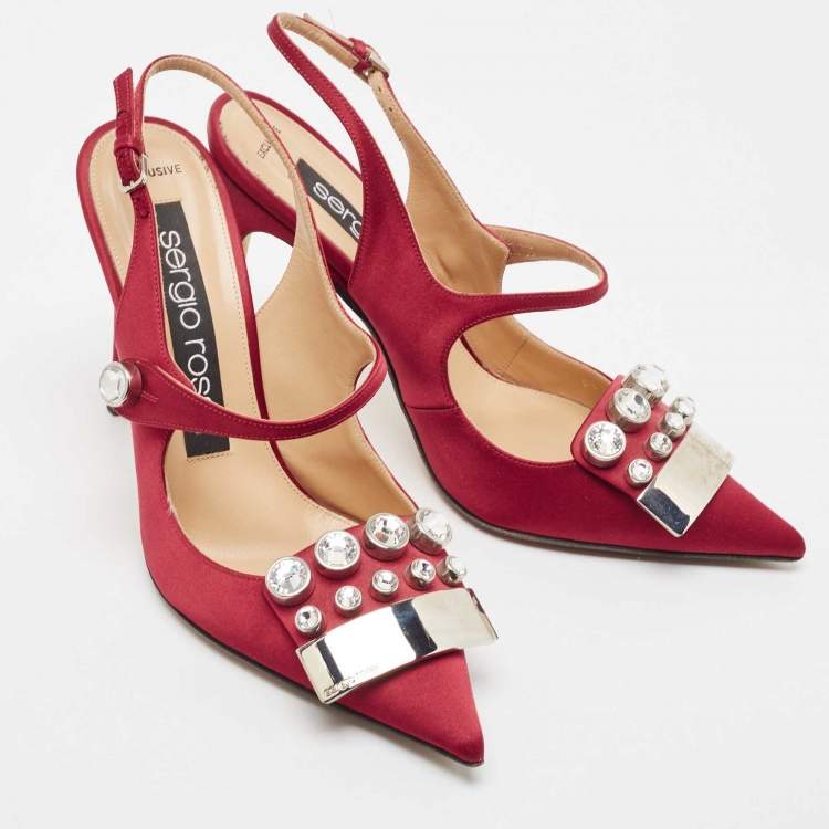 مملوكة مسبقًا Sergio Rossi Burgundy Satin Crystal Embellished Slingback Pumps Size 37
