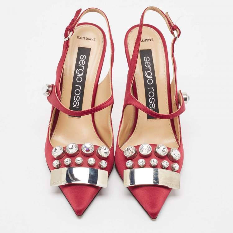 مملوكة مسبقًا Sergio Rossi Burgundy Satin Crystal Embellished Slingback Pumps Size 37