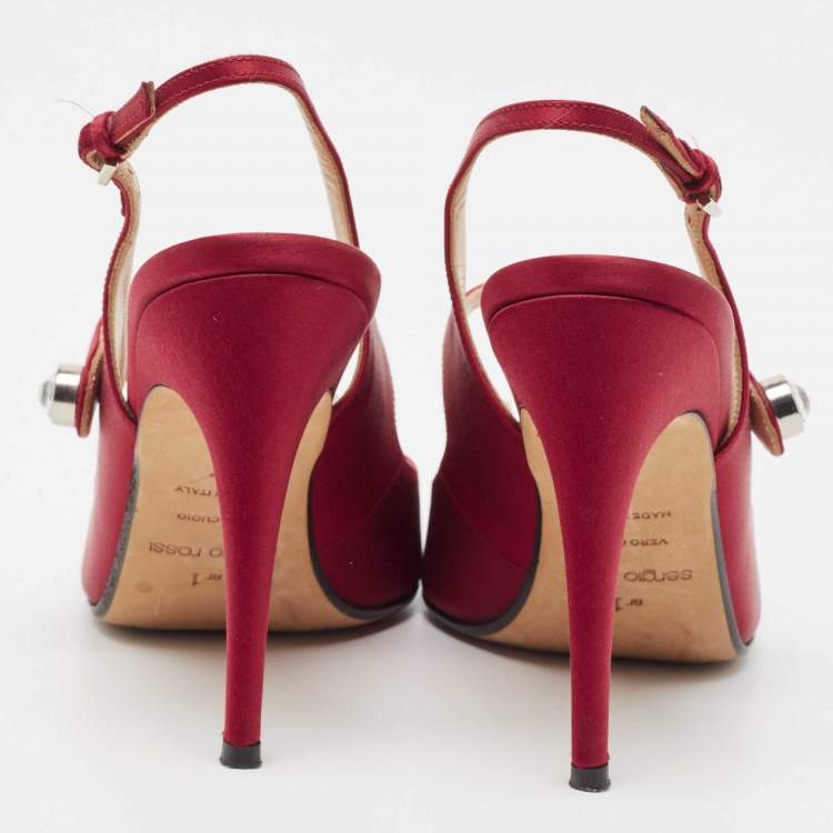 مملوكة مسبقًا Sergio Rossi Burgundy Satin Crystal Embellished Slingback Pumps Size 37