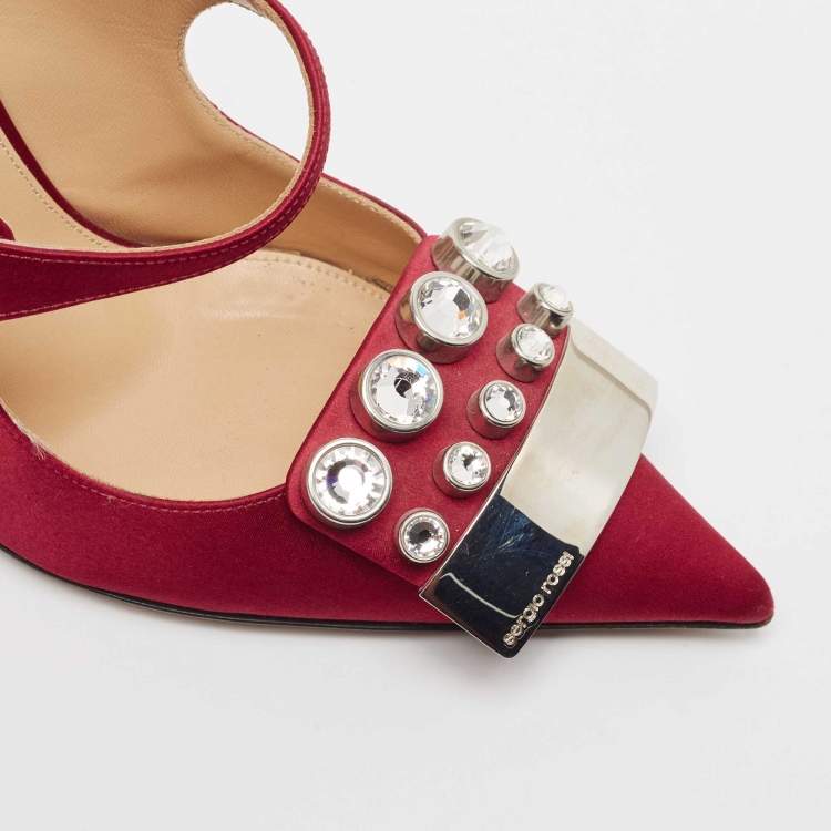 مملوكة مسبقًا Sergio Rossi Burgundy Satin Crystal Embellished Slingback Pumps Size 37