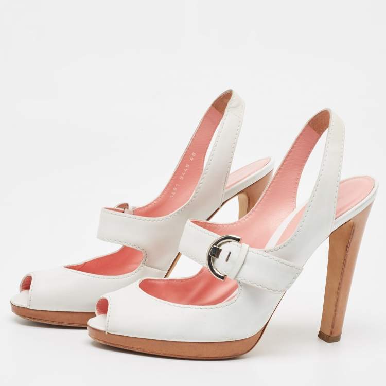 Pre Owned Sergio Rossi White Leather Peep Toe Slingback Sandals Size 40