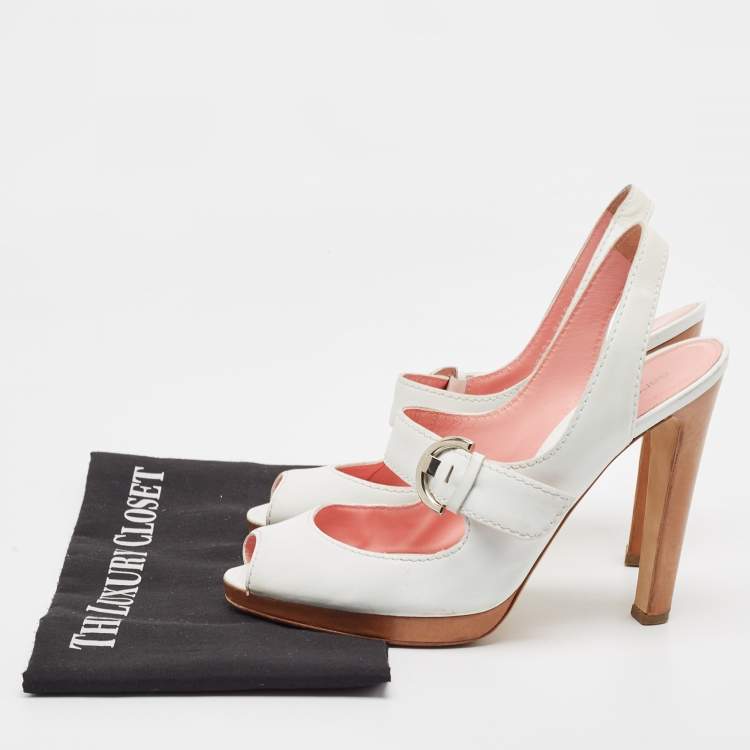 Pre Owned Sergio Rossi White Leather Peep Toe Slingback Sandals Size 40