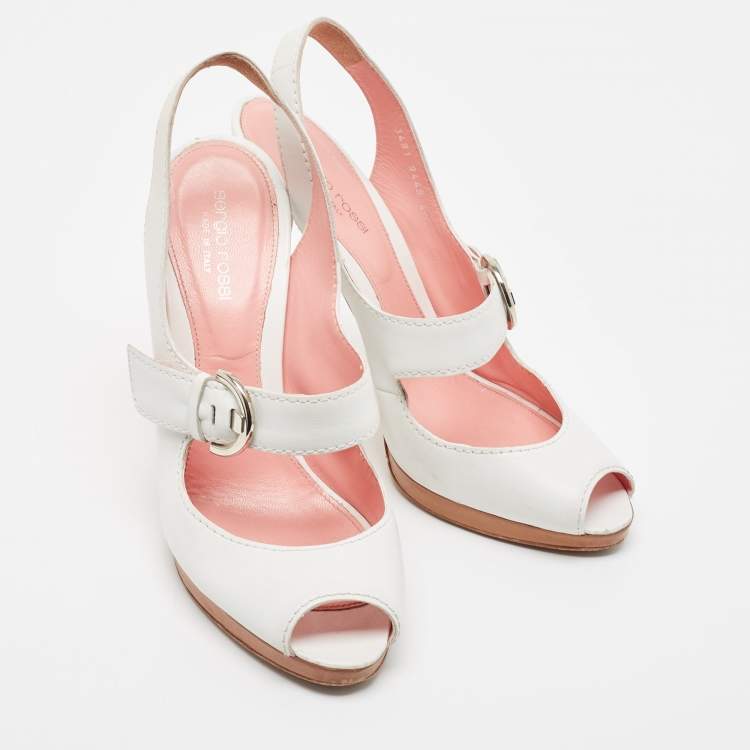 Pre Owned Sergio Rossi White Leather Peep Toe Slingback Sandals Size 40