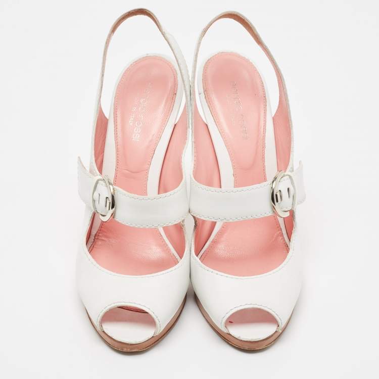 Pre Owned Sergio Rossi White Leather Peep Toe Slingback Sandals Size 40