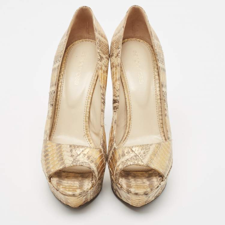 Pre Owned Sergio Rossi Beige/Gold Water Snake Embossed Leather Peep Toe Pumps Size 38.5