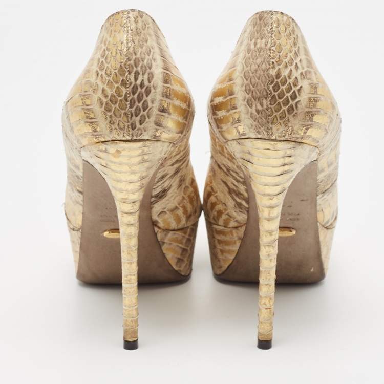 Pre Owned Sergio Rossi Beige/Gold Water Snake Embossed Leather Peep Toe Pumps Size 38.5