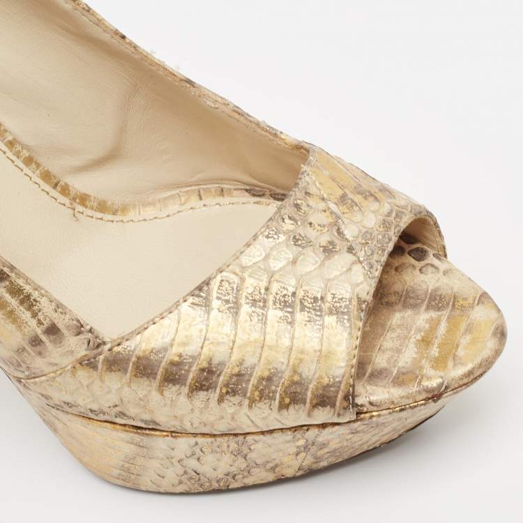 Pre Owned Sergio Rossi Beige/Gold Water Snake Embossed Leather Peep Toe Pumps Size 38.5
