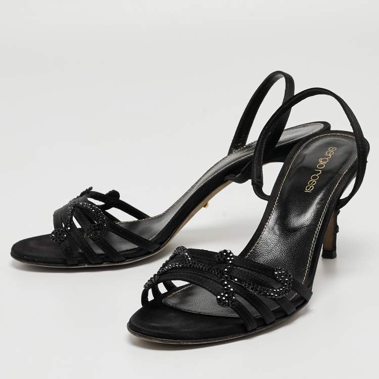Pre Owned Sergio Rossi Black Satin Embellished Sandals Size 36.5