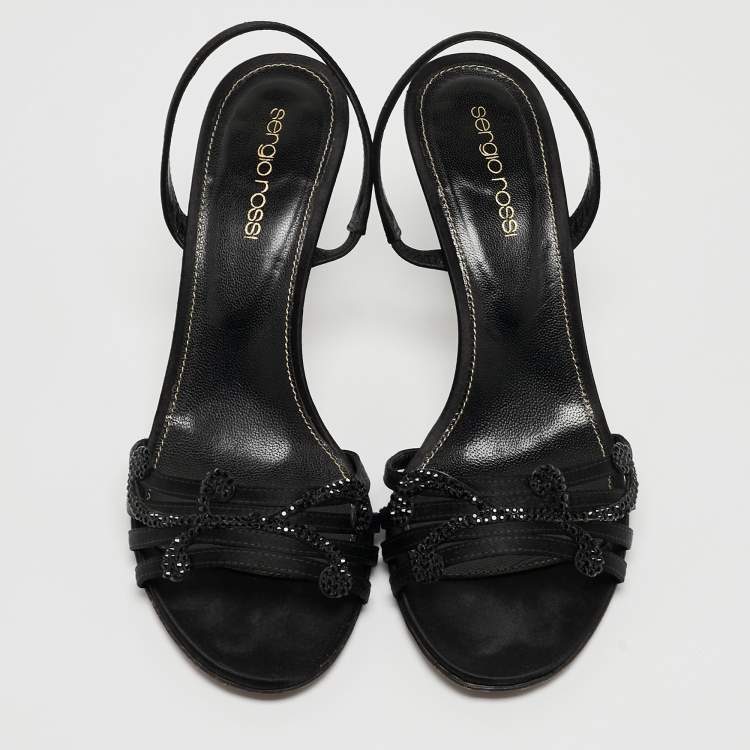 Pre Owned Sergio Rossi Black Satin Embellished Sandals Size 36.5