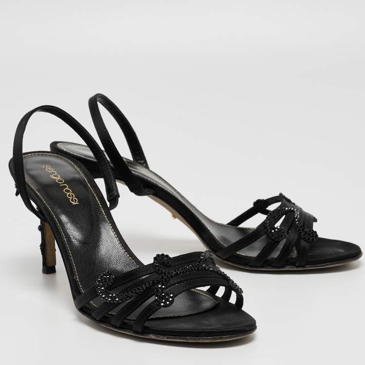 Pre Owned Sergio Rossi Black Satin Embellished Sandals Size 36.5