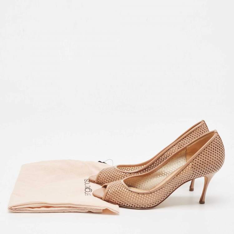 Pre Owned Sergio Rossi Beige Patent Peep Toe Pumps Size 36.5