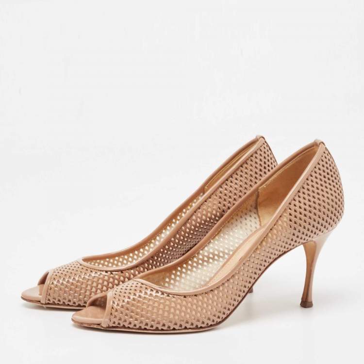 Pre Owned Sergio Rossi Beige Patent Peep Toe Pumps Size 36.5