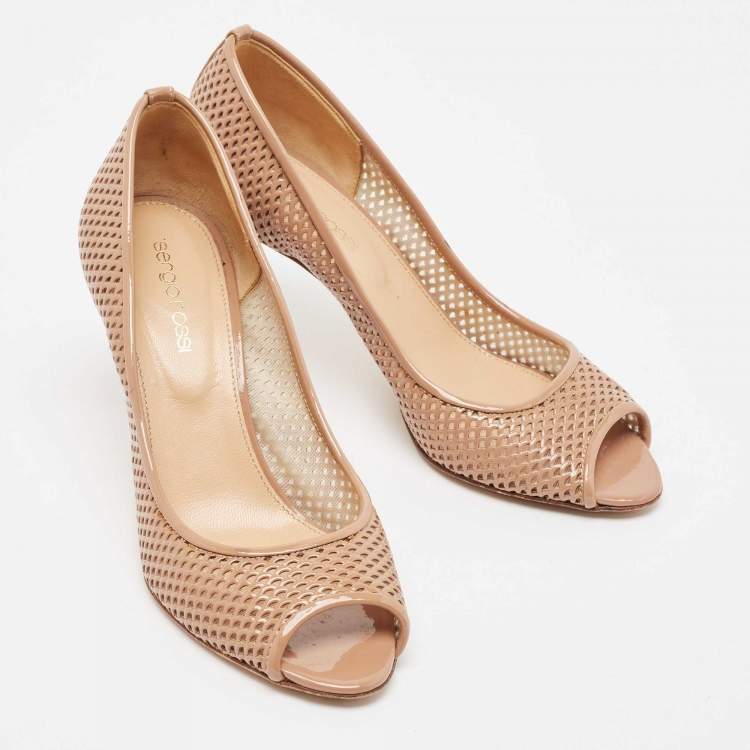 Pre Owned Sergio Rossi Beige Patent Peep Toe Pumps Size 36.5