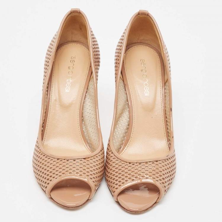 Pre Owned Sergio Rossi Beige Patent Peep Toe Pumps Size 36.5