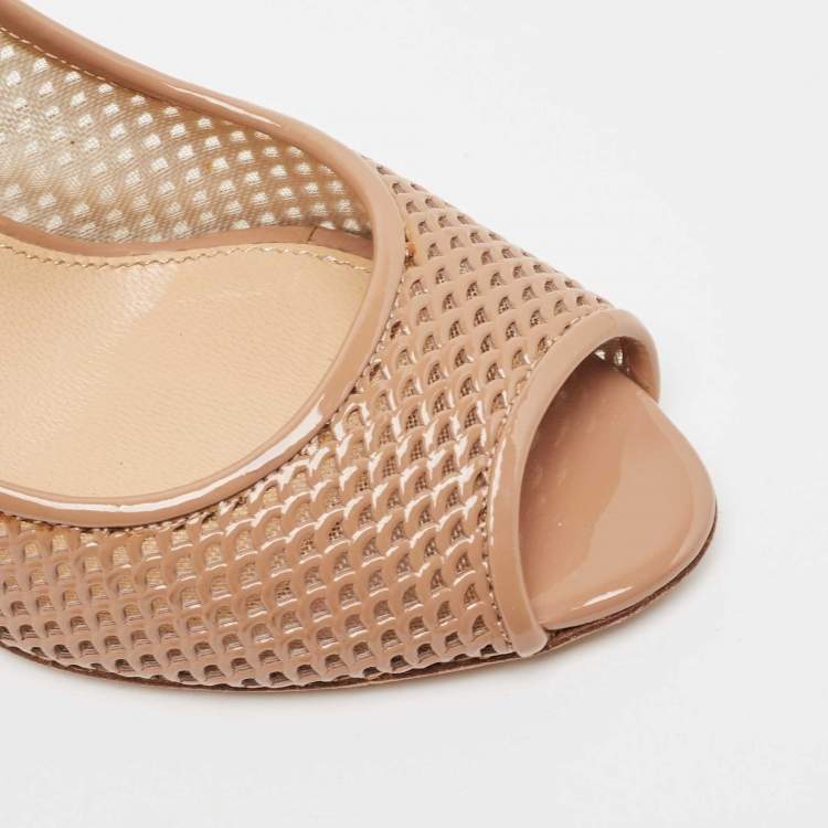 Pre Owned Sergio Rossi Beige Patent Peep Toe Pumps Size 36.5