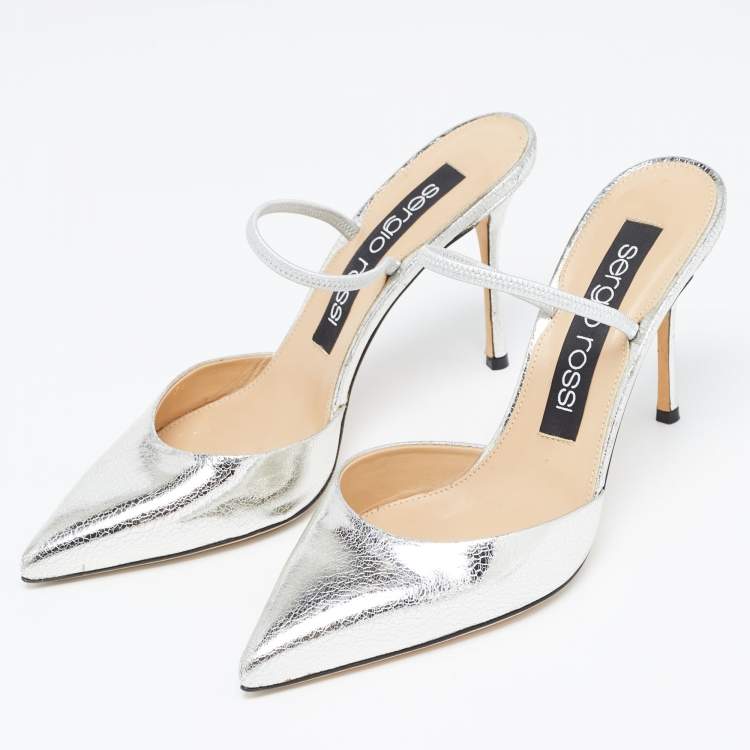 مملوكة مسبقًا Sergio Rossi Silver Leather Embellished Slingback Pumps Size 38