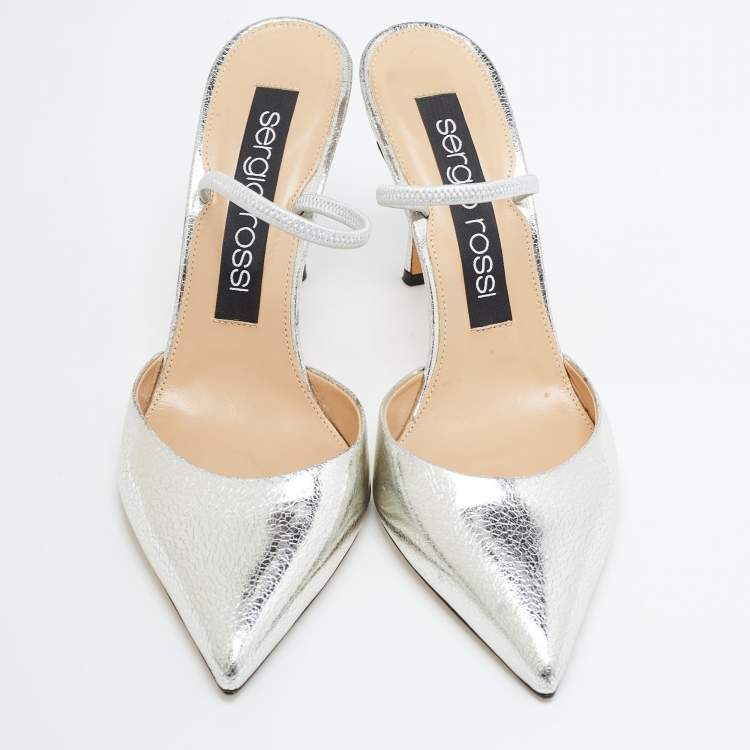 مملوكة مسبقًا Sergio Rossi Silver Leather Embellished Slingback Pumps Size 38