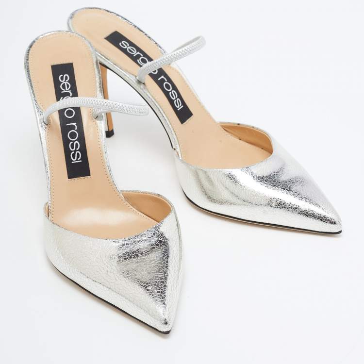 مملوكة مسبقًا Sergio Rossi Silver Leather Embellished Slingback Pumps Size 38