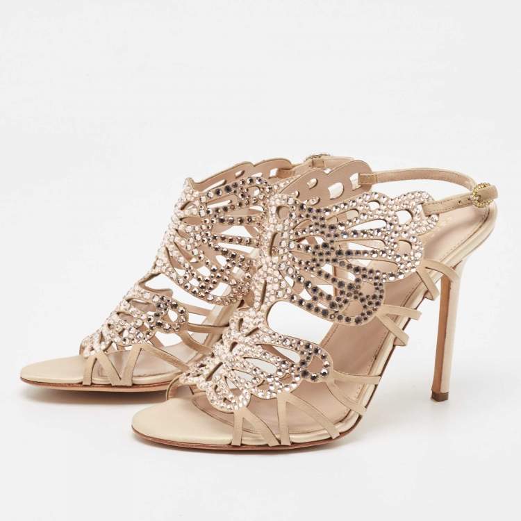 Pre Owned Sergio Rossi Beige Suede Crystal Embellished Slingback Sandals Size 39