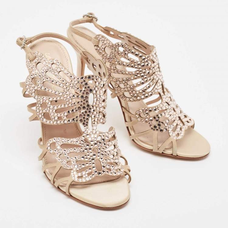 Pre Owned Sergio Rossi Beige Suede Crystal Embellished Slingback Sandals Size 39