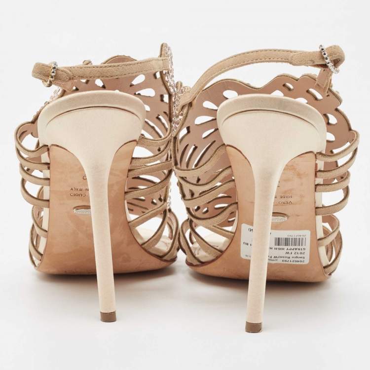 Pre Owned Sergio Rossi Beige Suede Crystal Embellished Slingback Sandals Size 39