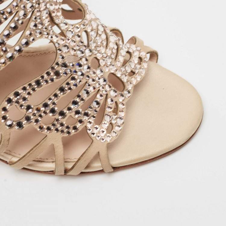 Pre Owned Sergio Rossi Beige Suede Crystal Embellished Slingback Sandals Size 39