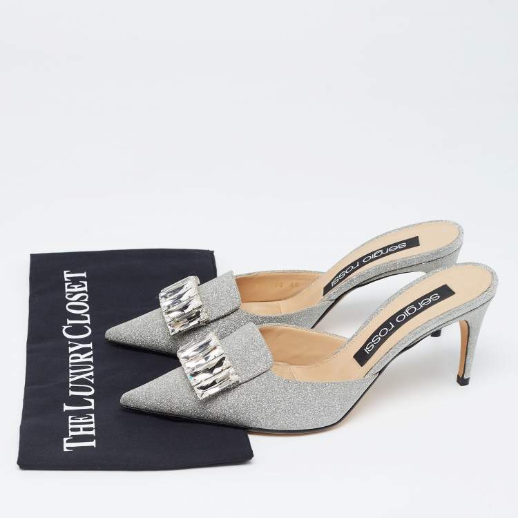 Pre Owned Sergio Rossi Silver Glitter Crystal Embellished Mules Size 40