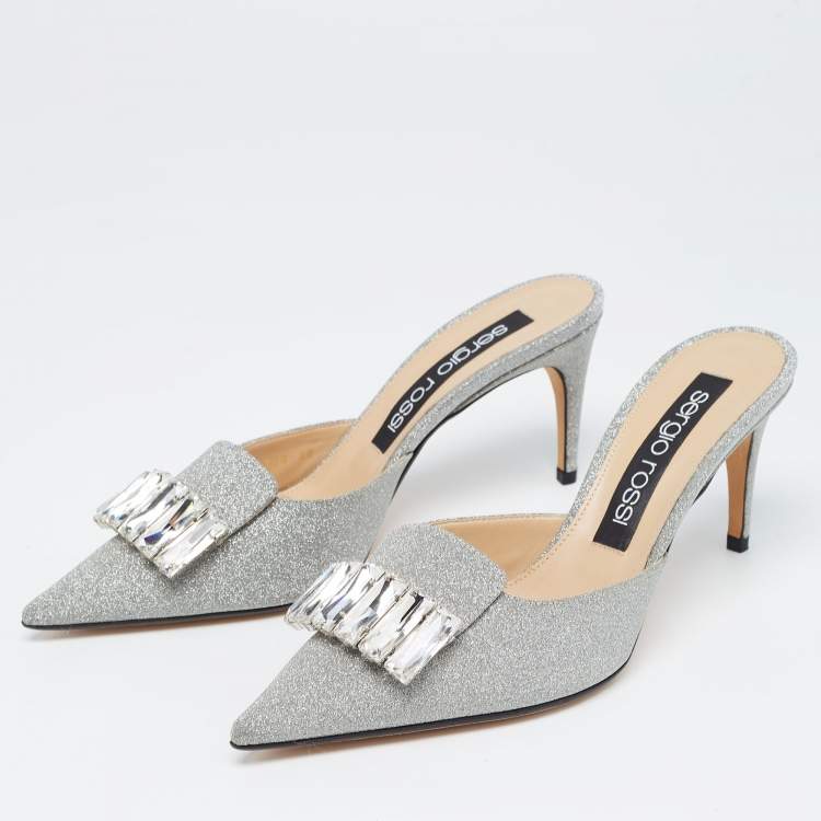 Pre Owned Sergio Rossi Silver Glitter Crystal Embellished Mules Size 40