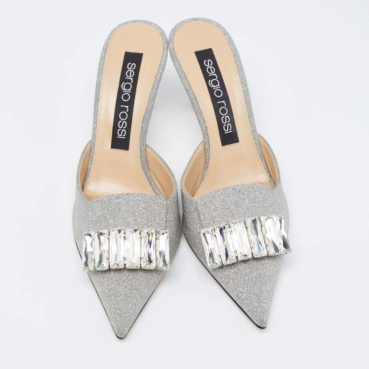 Pre Owned Sergio Rossi Silver Glitter Crystal Embellished Mules Size 40