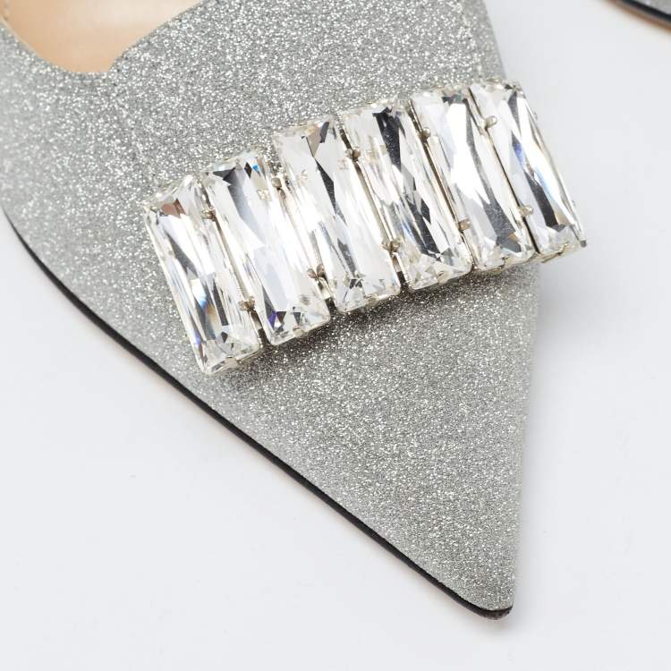 Pre Owned Sergio Rossi Silver Glitter Crystal Embellished Mules Size 40
